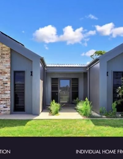Grey home with two brick gables, captioned The Sa-Guaro, Wide Bay Burnett 2024, Individual Home from $400,000 up to $550,000