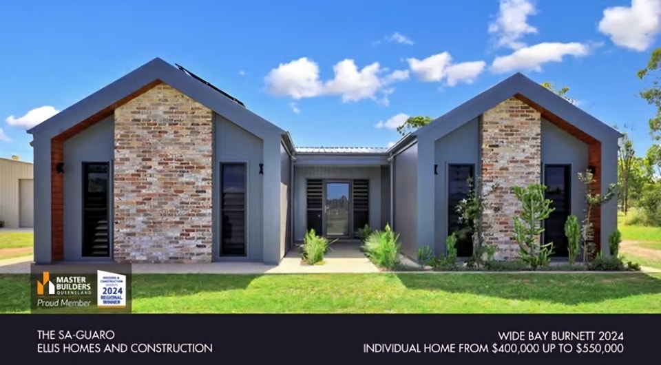 Grey home with two brick gables, captioned The Sa-Guaro, Wide Bay Burnett 2024, Individual Home from $400,000 up to $550,000